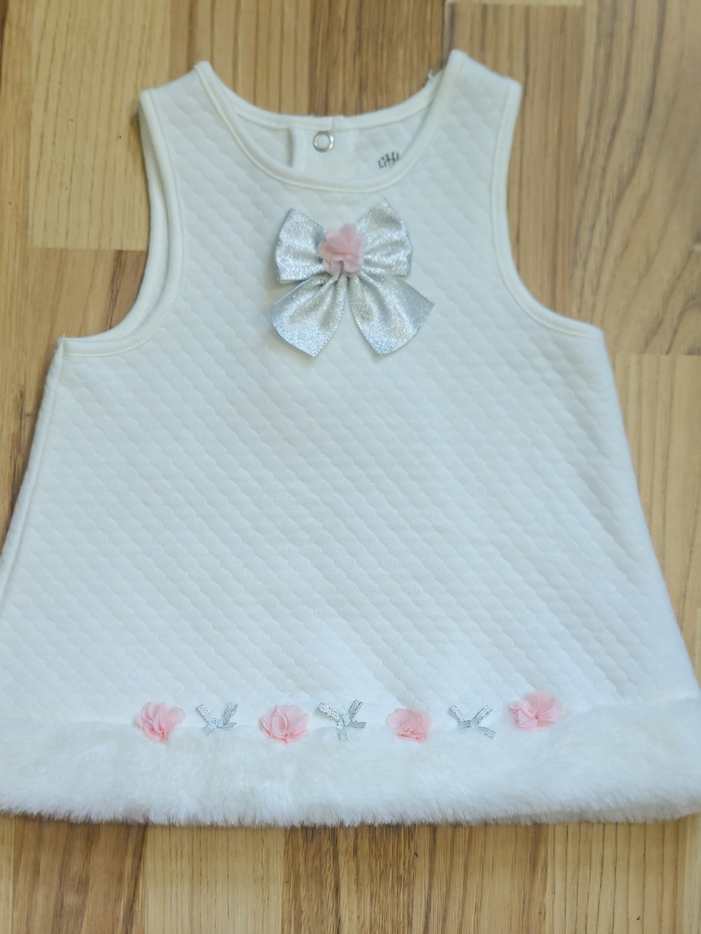 LittleMe|White Quilted Dress|Size 3M| Silver And Pink Decals|Fluffy Bottom Trim